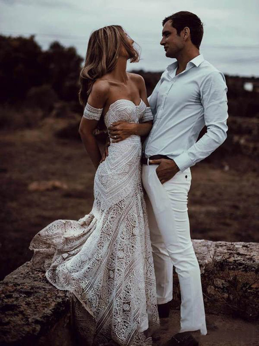 Mermaid Off-the-Shoulder Backless Lace Beach Wedding Dresses