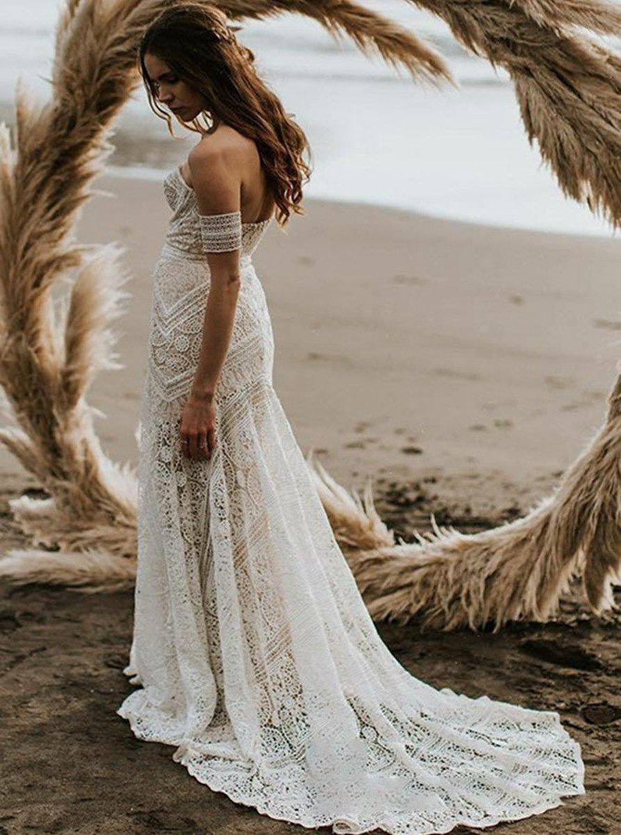 Mermaid Off-the-Shoulder Backless Lace Beach Wedding Dresses