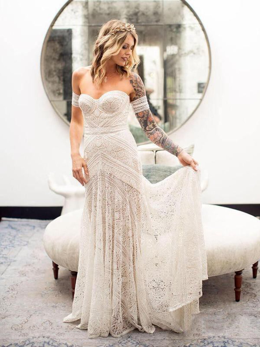 Mermaid Off-the-Shoulder Backless Lace Beach Wedding Dresses
