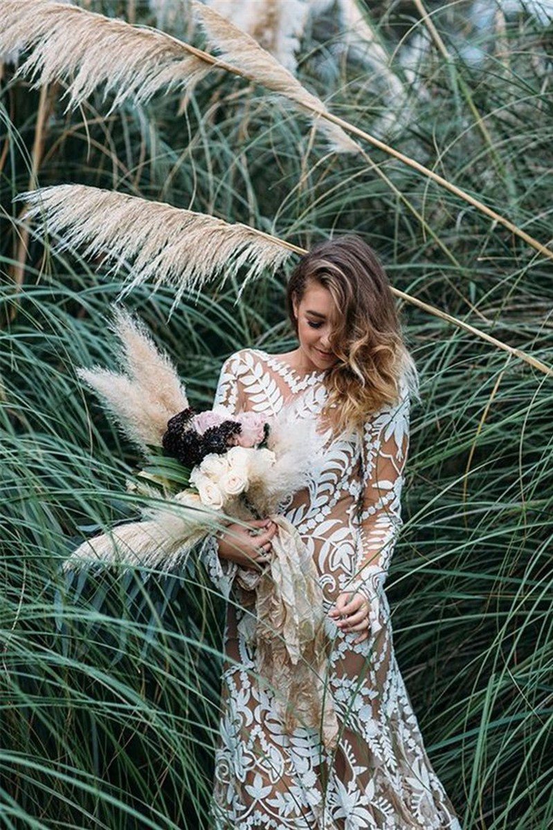 Long Sleeves Mermaid Lace Split Inside Long Formal Wedding Dresses