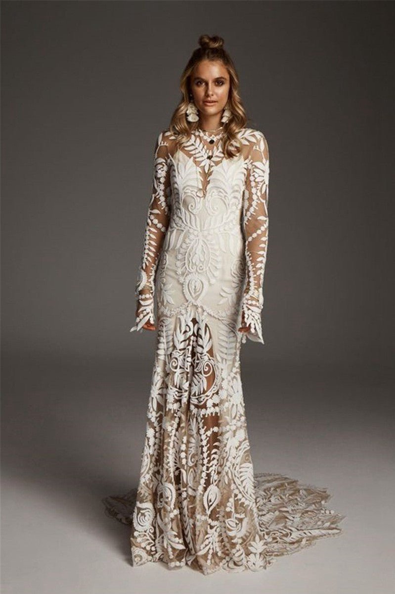 Long Sleeves Mermaid Lace Split Inside Long Formal Wedding Dresses