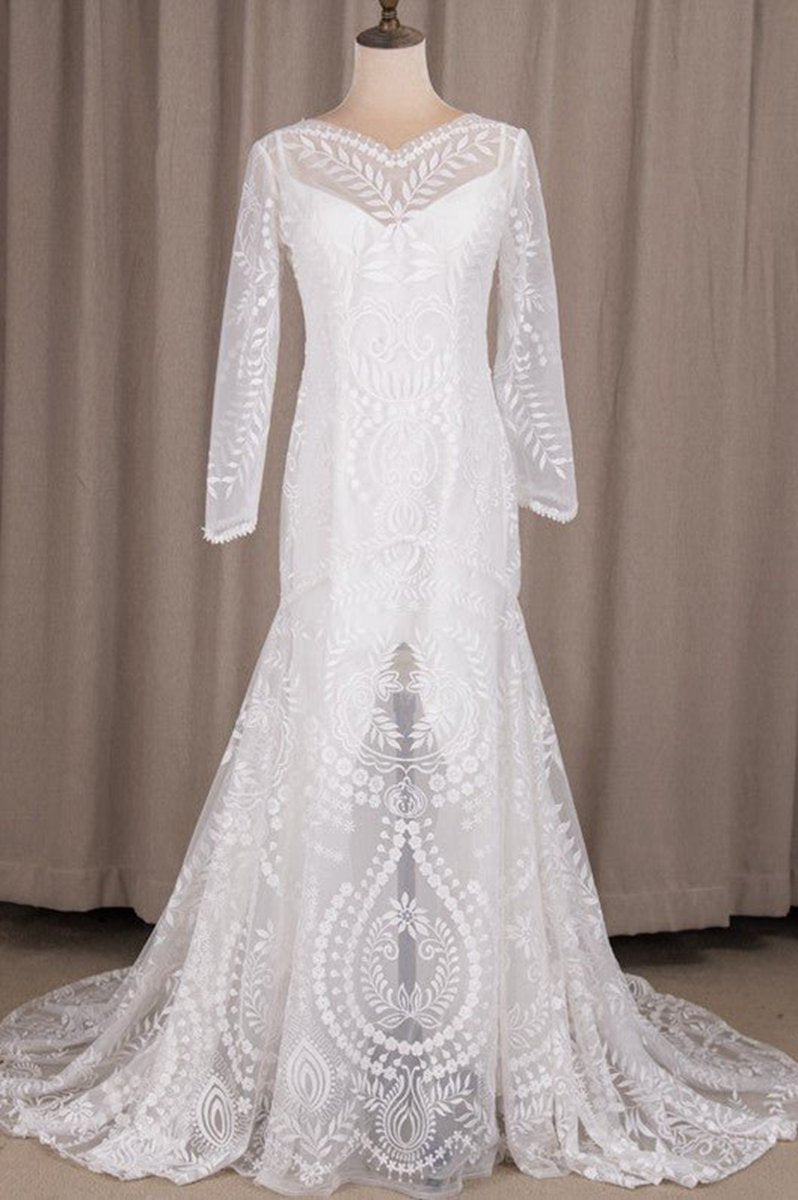 Long Sleeves Mermaid Lace Split Inside Long Formal Wedding Dresses