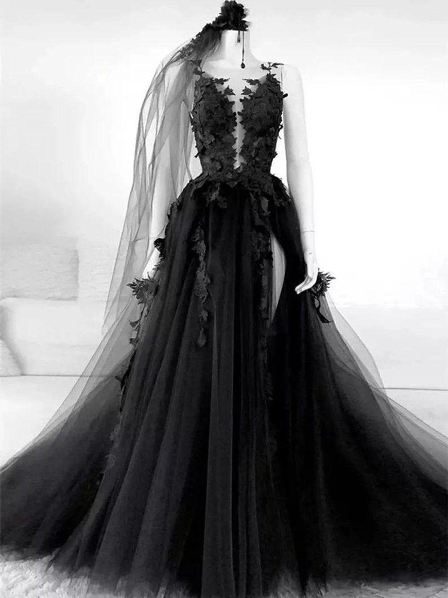 Lace Appliques Sleeveless Tulle Backless Wedding Dresses with Veil