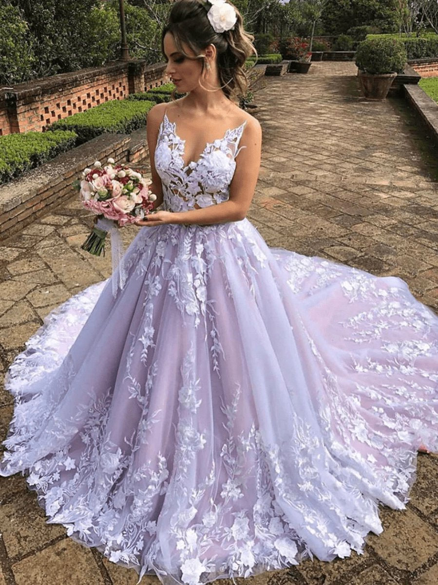 Light Sleeveless A-line V-Neck Lace Wedding Dresses