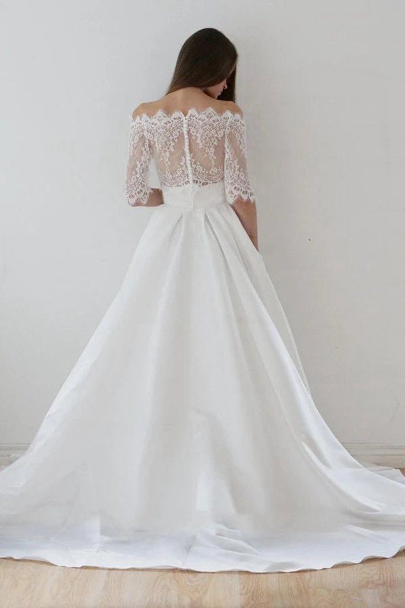 Off-The-Shoulder Lace A-line Satin Two-Piece Wedding Dresses with Sweep Train