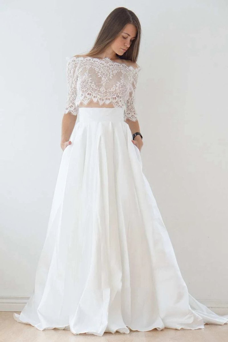 Off-The-Shoulder Lace A-line Satin Two-Piece Wedding Dresses with Sweep Train