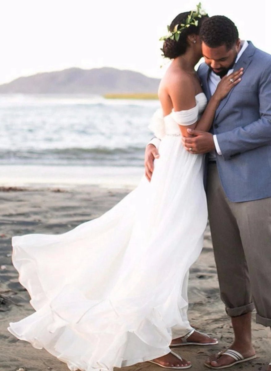 Newest Off the Shoulder Chiffon Wedding Dresses with Beadings