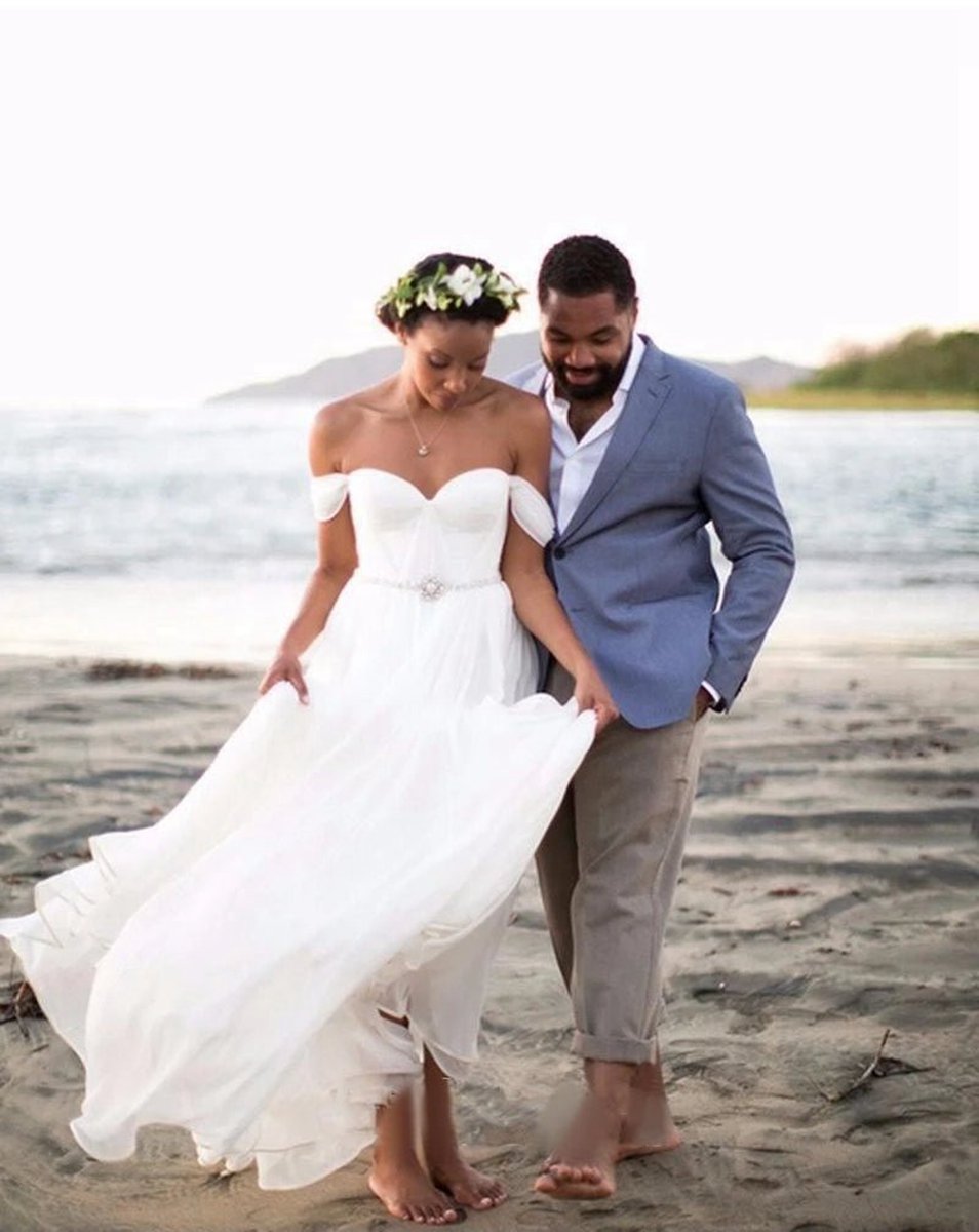 Newest Off the Shoulder Chiffon Wedding Dresses with Beadings