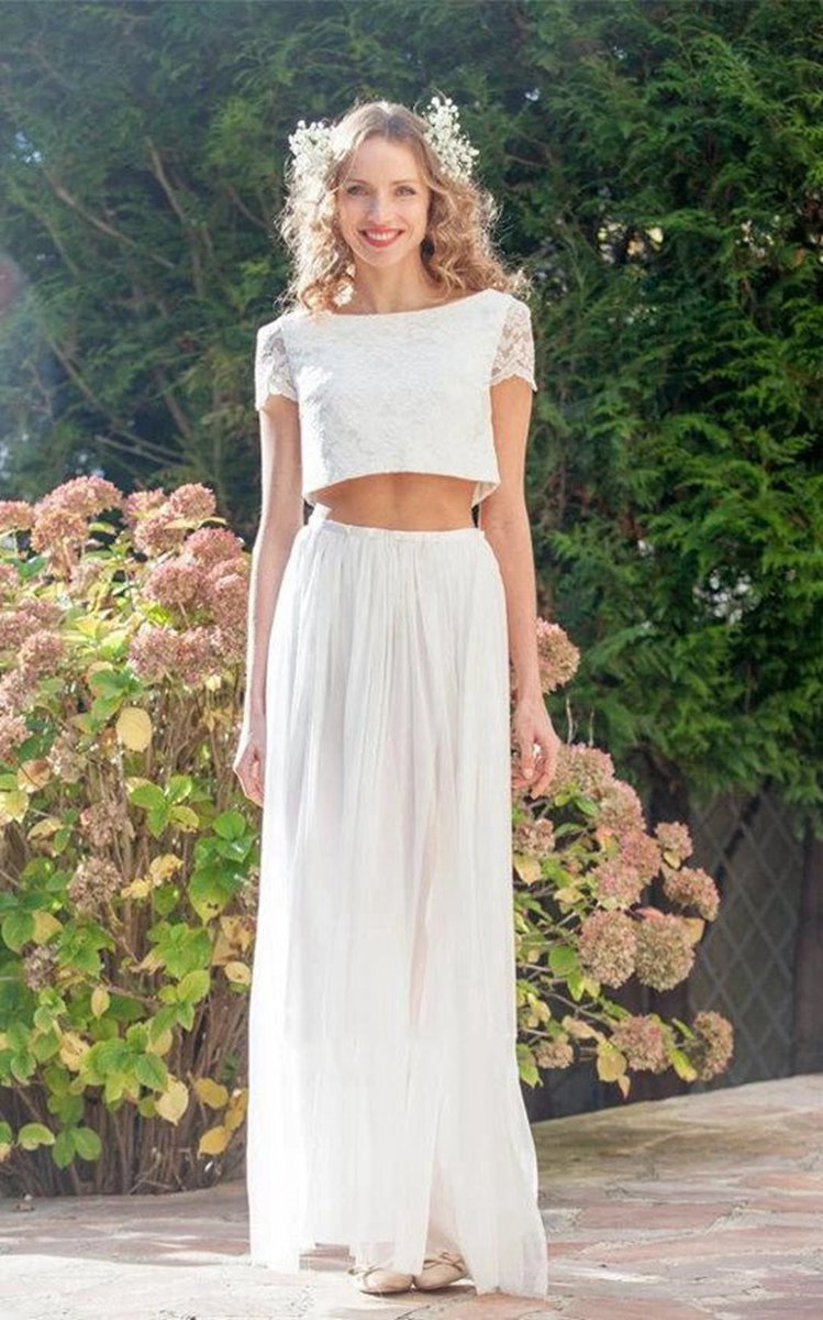 Two Piece Bateau Ankle-Length Chiffon Wedding Dresses with Split Front And Pleats