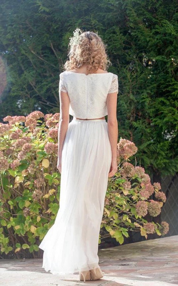 Two Piece Bateau Ankle-Length Chiffon Wedding Dresses with Split Front And Pleats