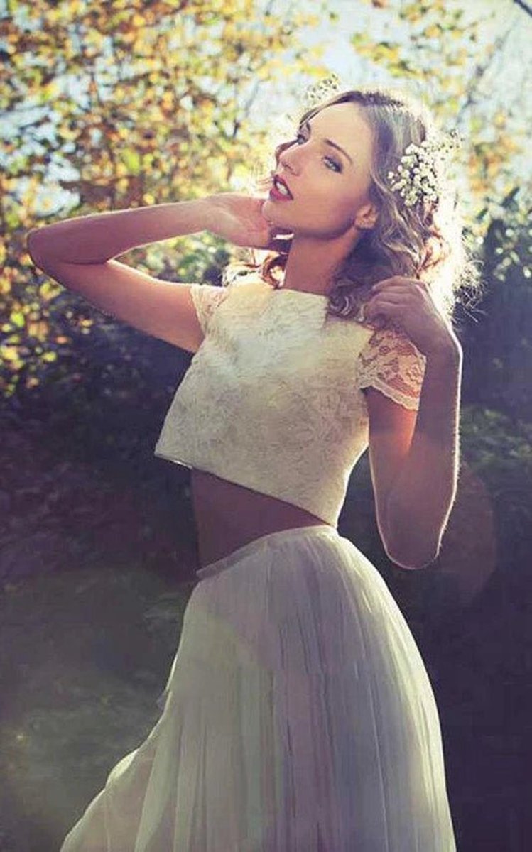 Two Piece Bateau Ankle-Length Chiffon Wedding Dresses with Split Front And Pleats