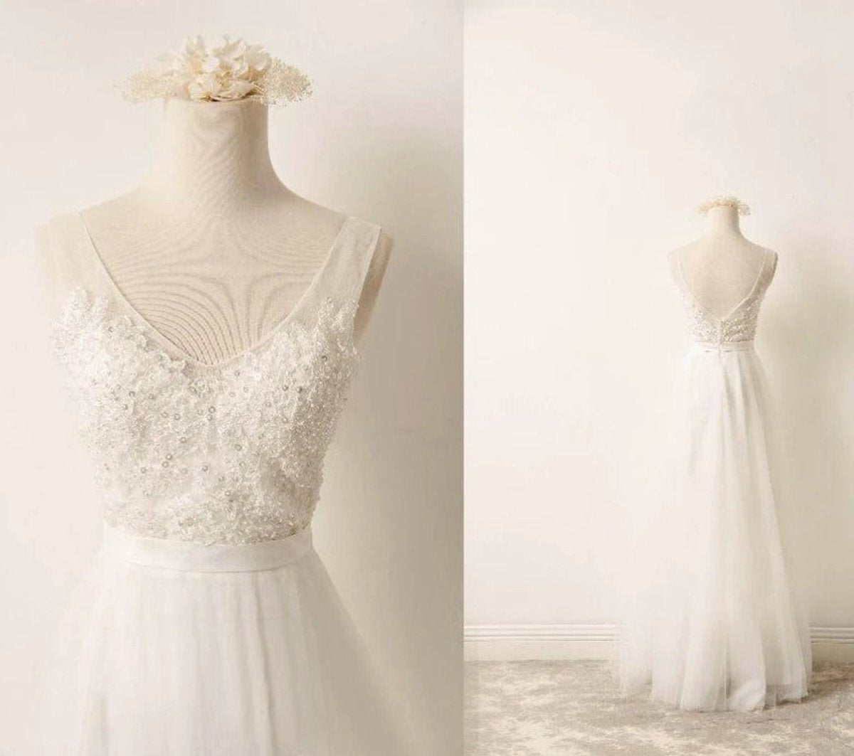 A-line Tulle Lace V Neck Wedding Dresses with Sweep Train