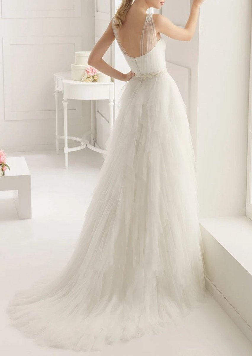 Stunning Top-ruched Layered Gown with Beaded Tulle Straps