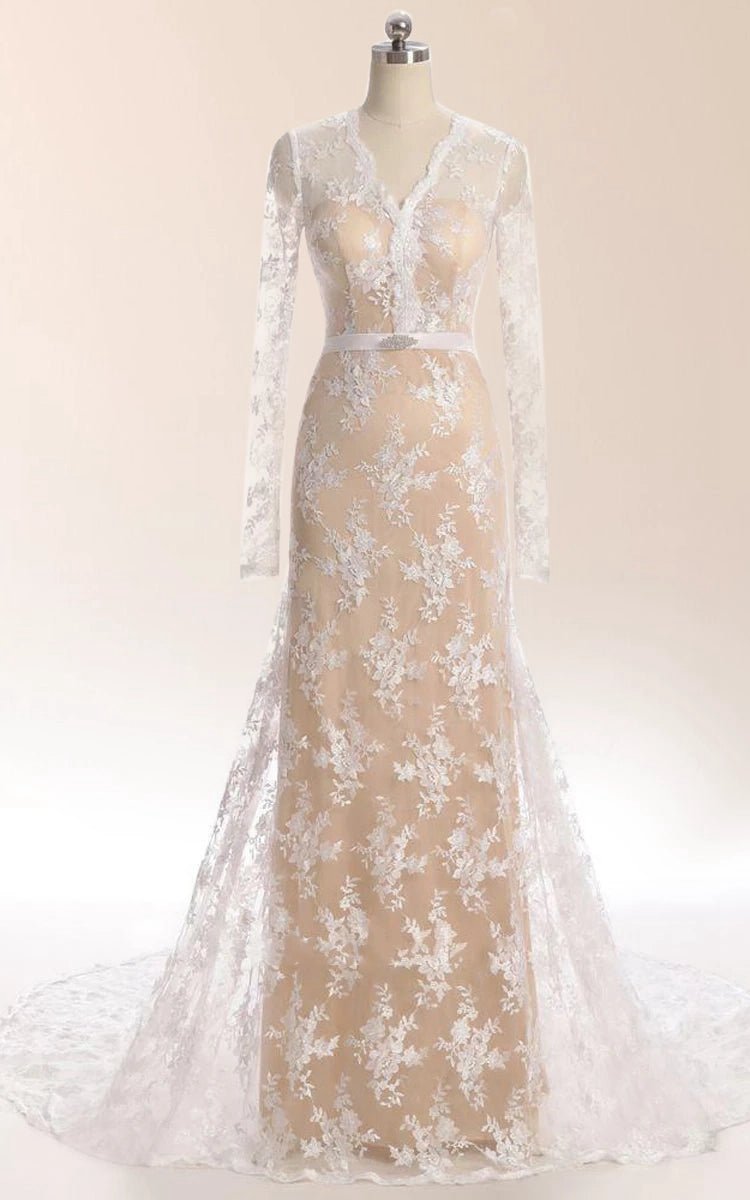 Mermaid Long Sleeve Court Train Lace Dresses with Illusion