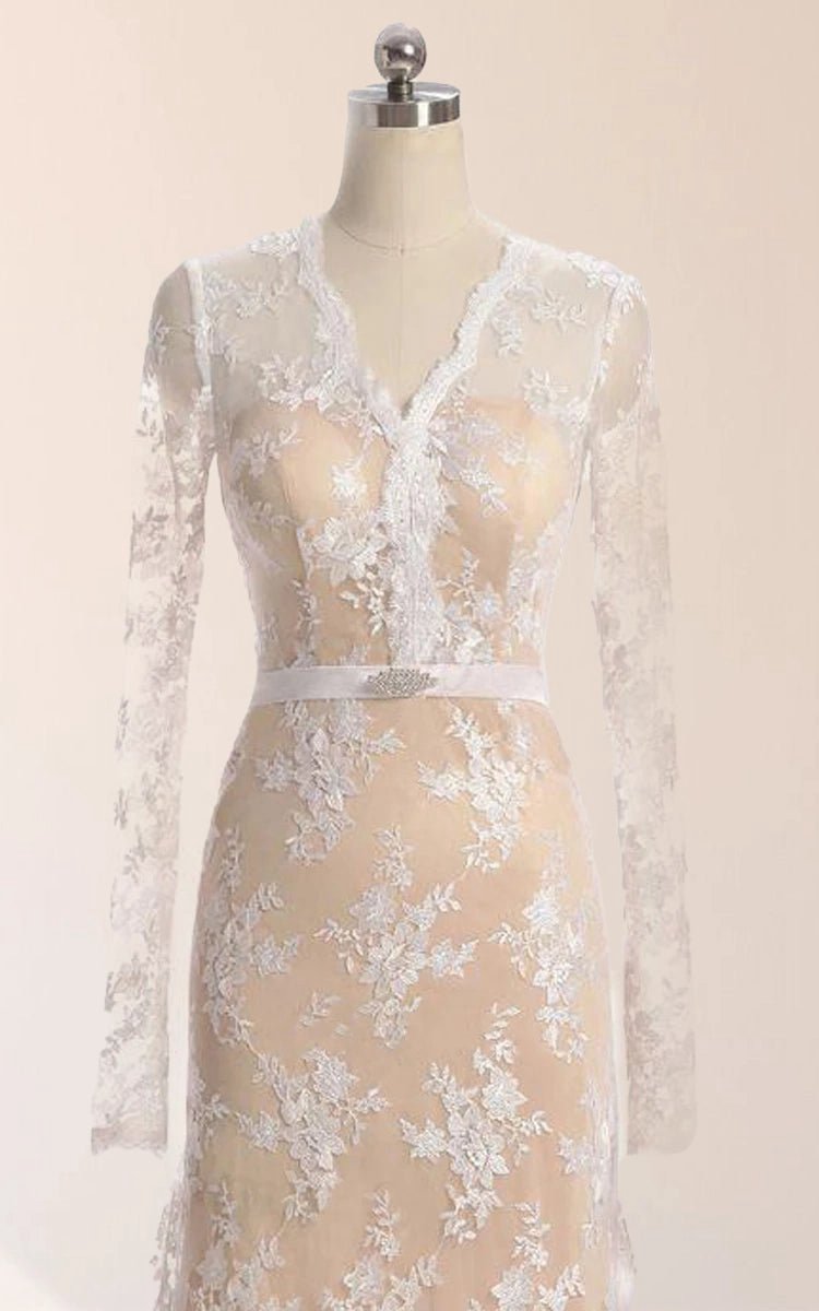 Mermaid Long Sleeve Court Train Lace Dresses with Illusion