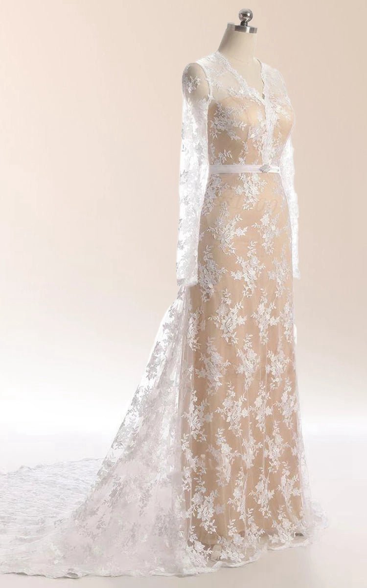 Mermaid Long Sleeve Court Train Lace Dresses with Illusion