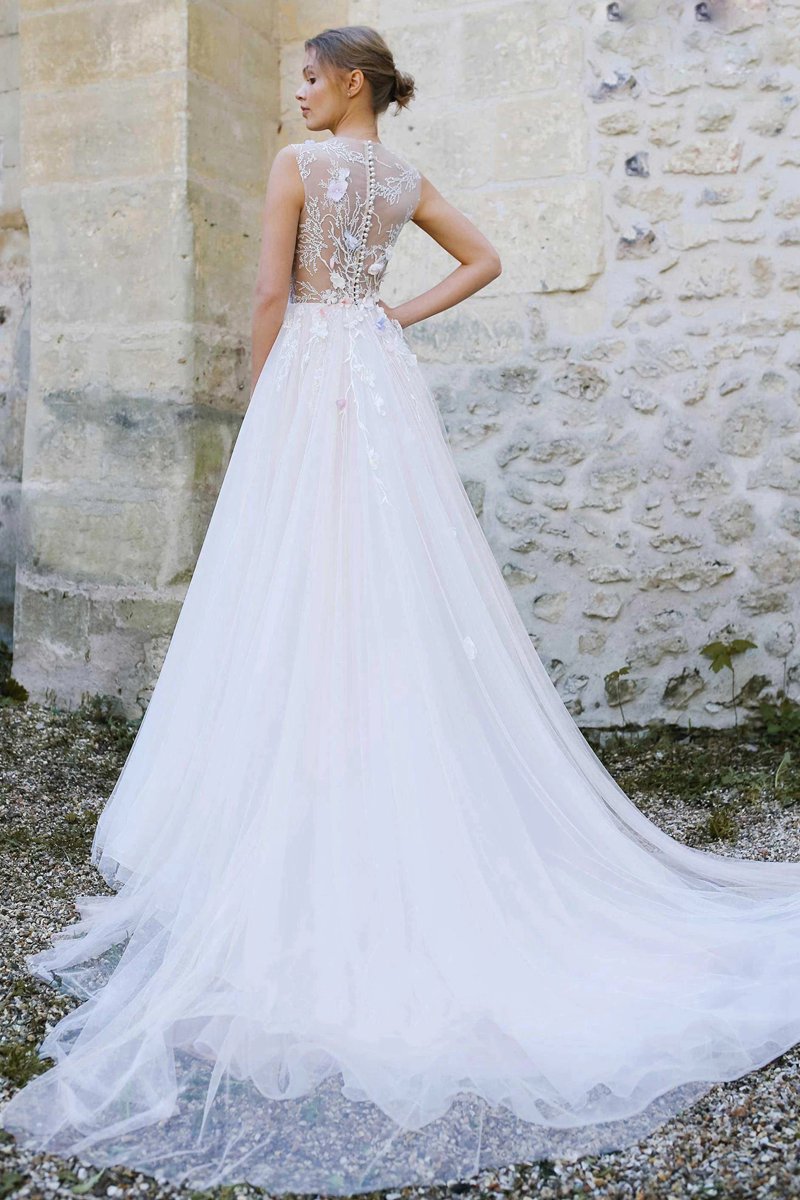 Jewel-Neck Sleeveless A-line Tulle Pleated Dresses with Appliques And Illusion