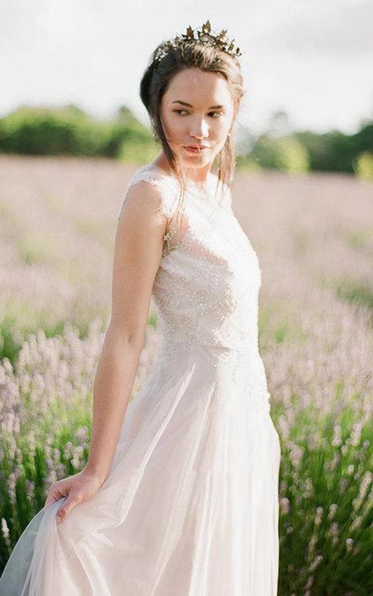 Jewel Neck Sleeveless Long Tulle Wedding Dresses with Beading