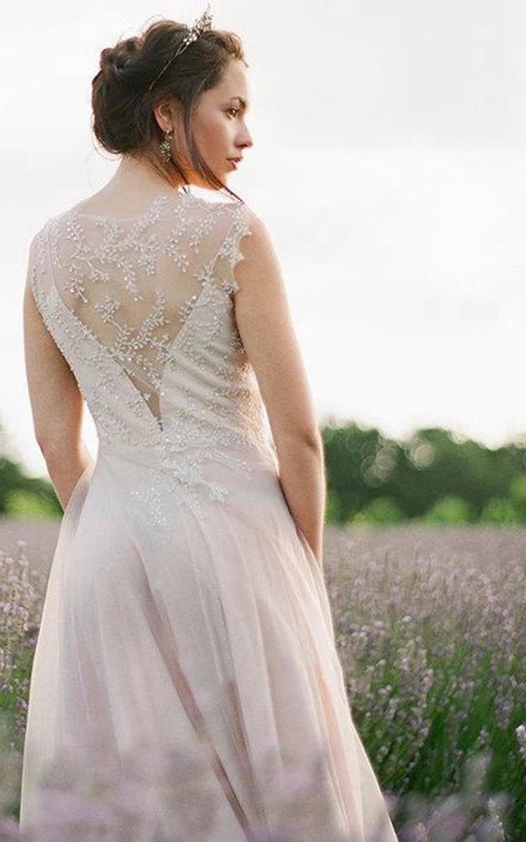 Jewel Neck Sleeveless Long Tulle Wedding Dresses with Beading
