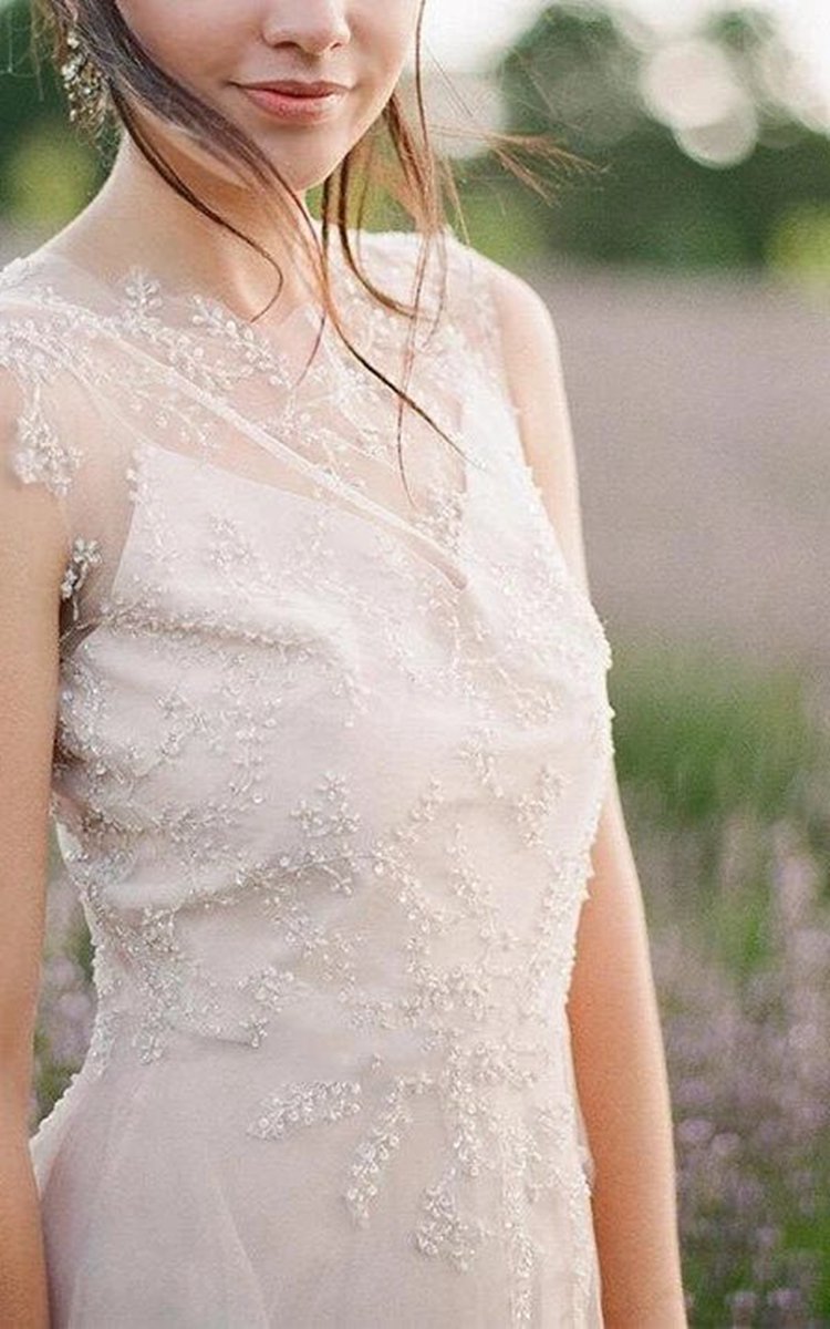 Jewel Neck Sleeveless Long Tulle Wedding Dresses with Beading