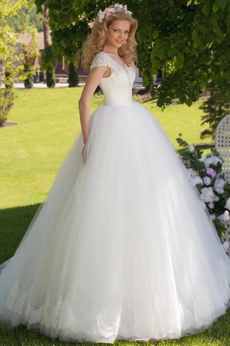 Ball Gown V-Neck Ruched Cap Sleeve Tulle Wedding Dresses