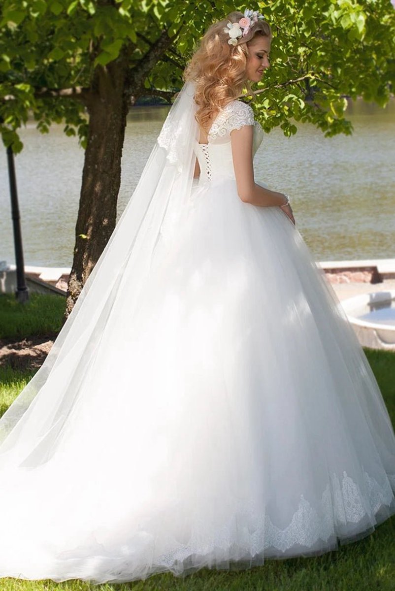 Ball Gown V-Neck Ruched Cap Sleeve Tulle Wedding Dresses