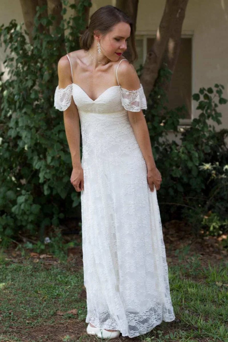 Spaghetti Straps Off-The-Shoulder Lace Floor-Length Wedding Dresses