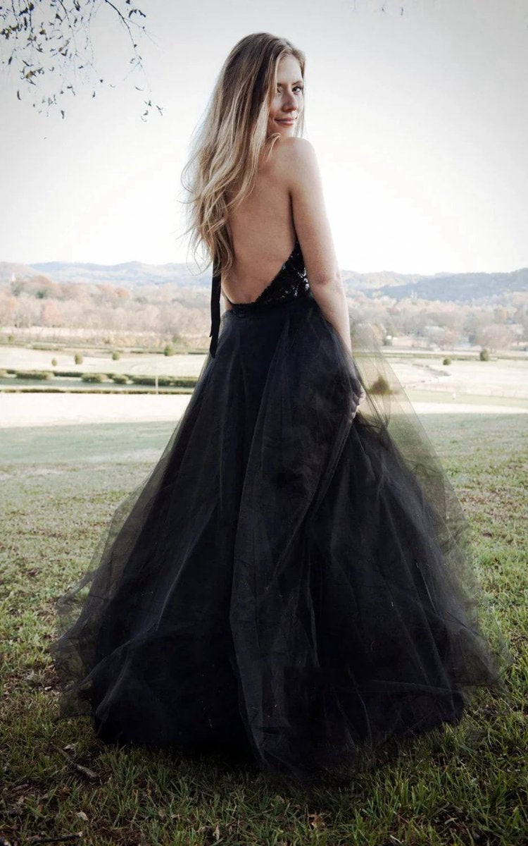 Halter Backless Tulle Sleeveless Wedding Dresses with Sequins