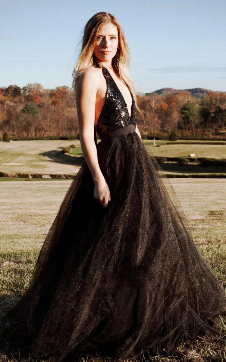 Halter Backless Tulle Sleeveless Wedding Dresses with Sequins