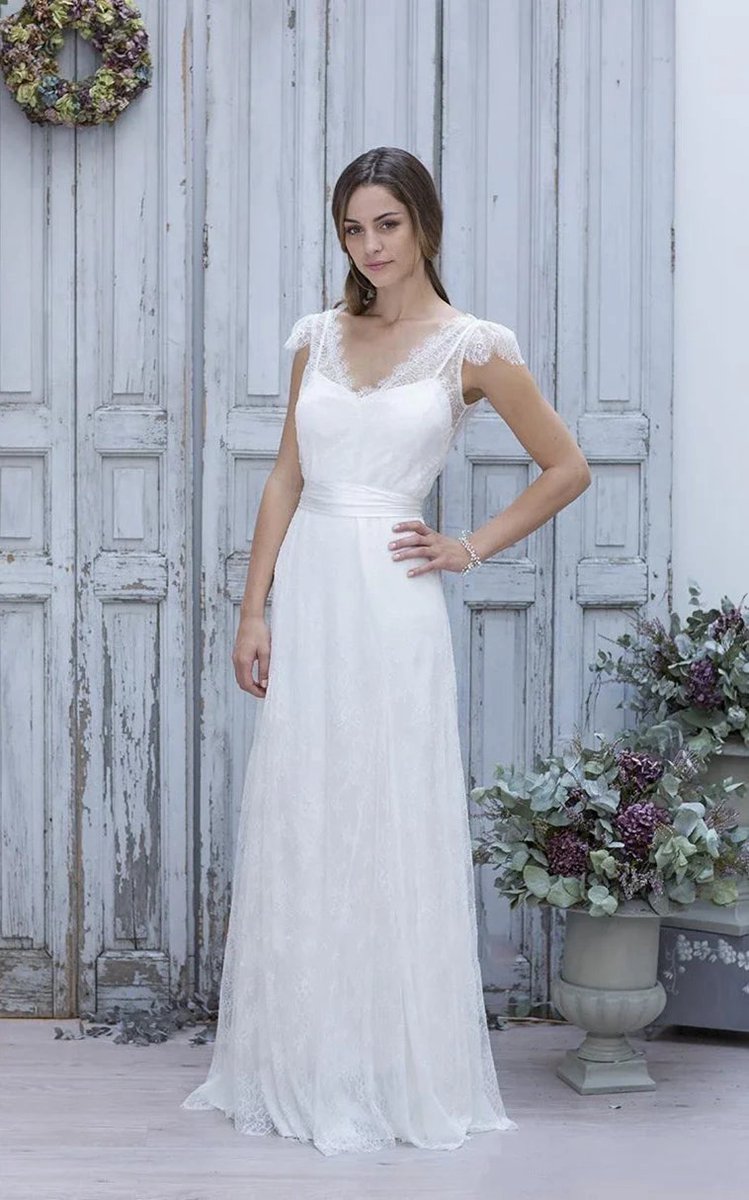 A-line V-Neck Short Cap Sleeves Backless Tulle Lace Wedding Dresses