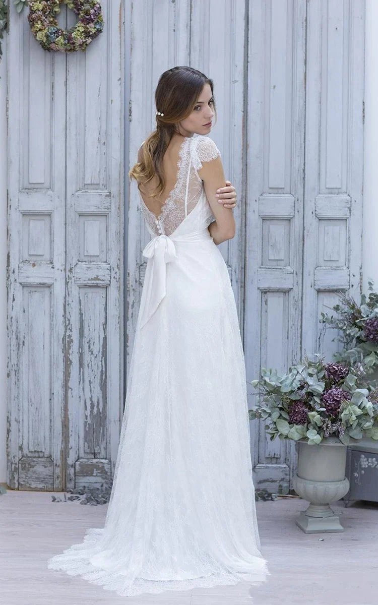 A-line V-Neck Short Cap Sleeves Backless Tulle Lace Wedding Dresses