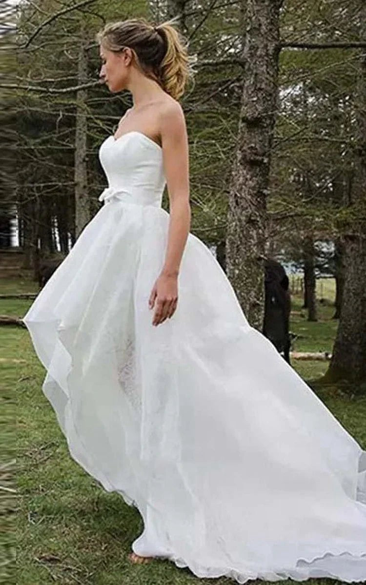 Special High Low Asymmetrical Sweetheart Sleeveless Organza Applique Wedding Dresses