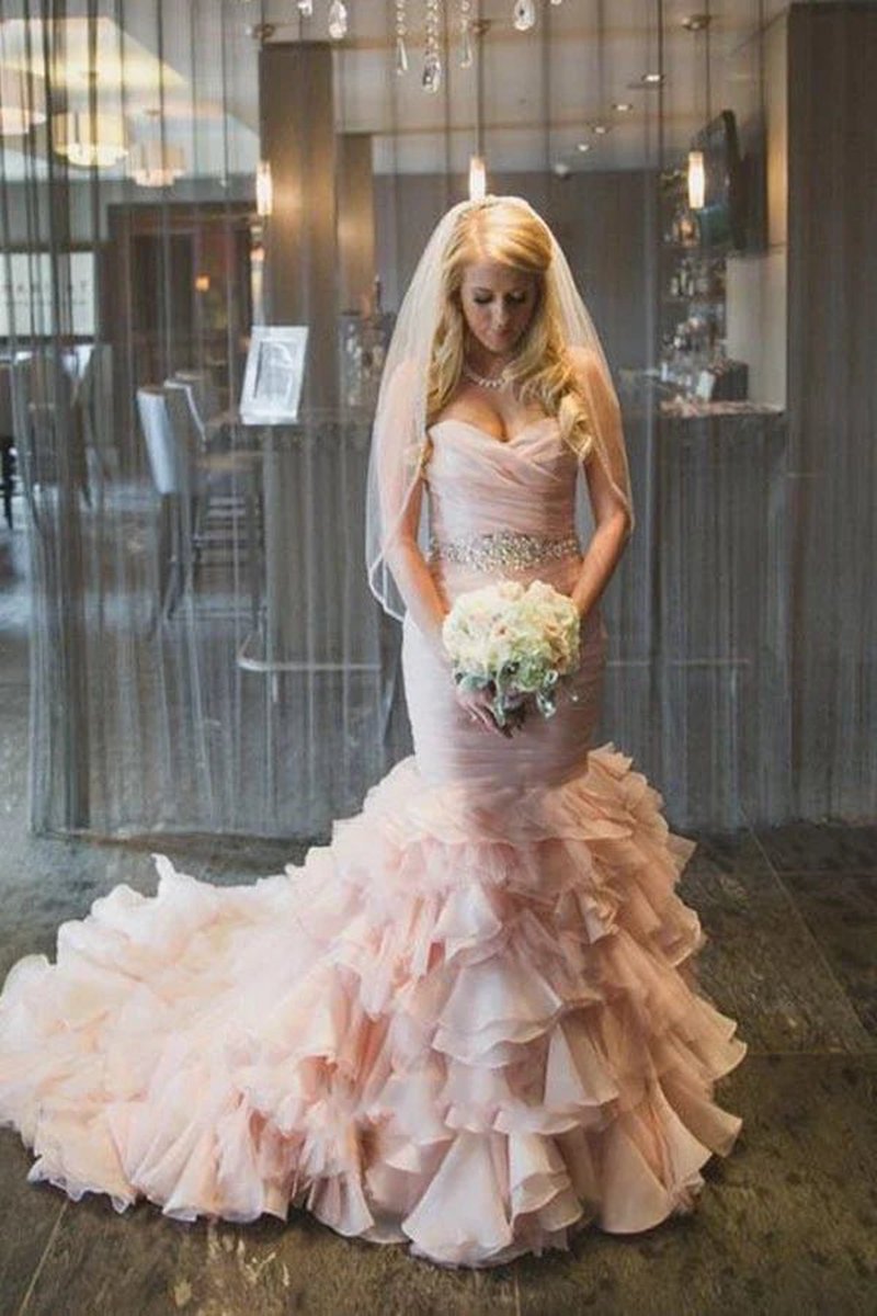 Sweetheart Tie Train Organza Mermaid Wedding Dresses with Beading
