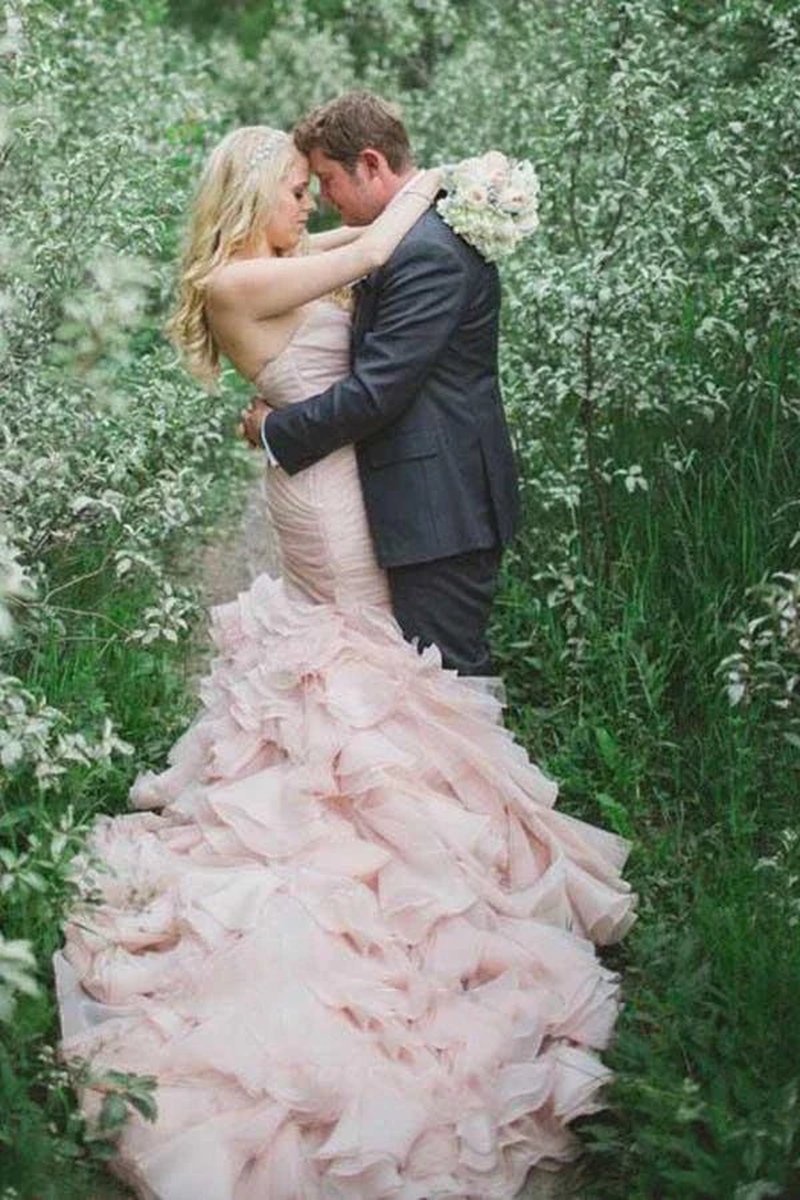 Sweetheart Tie Train Organza Mermaid Wedding Dresses with Beading