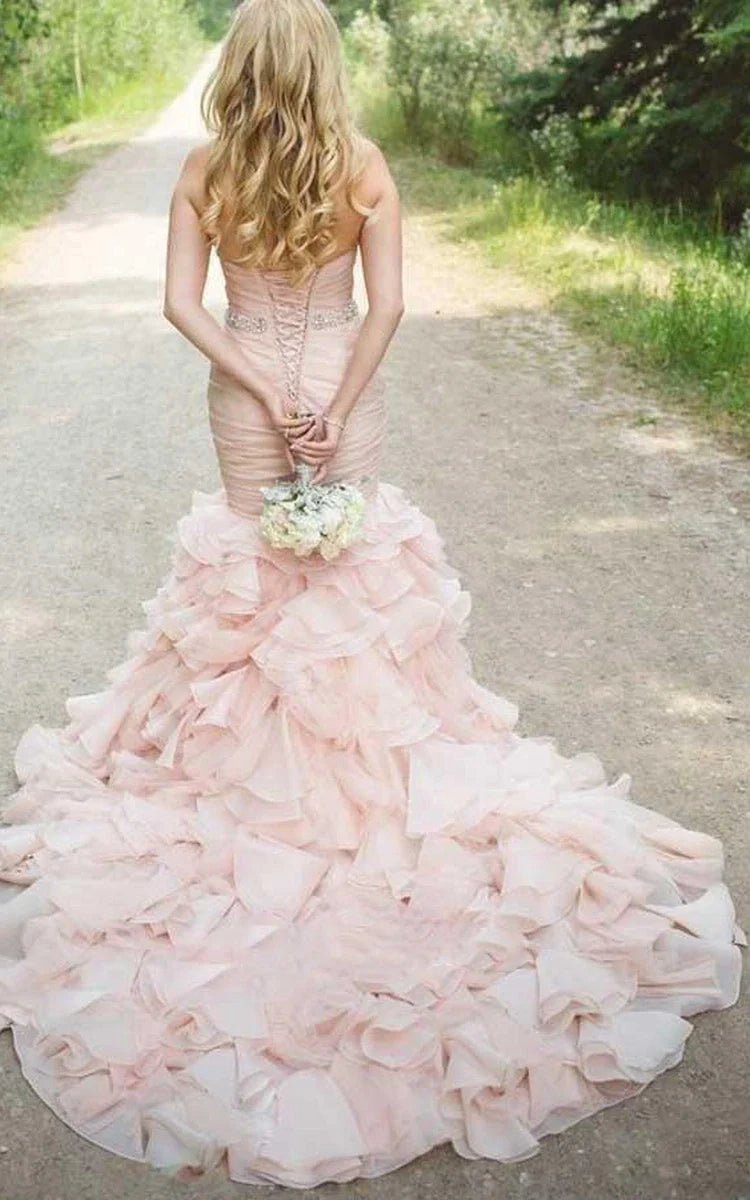 Sweetheart Tie Train Organza Mermaid Wedding Dresses with Beading