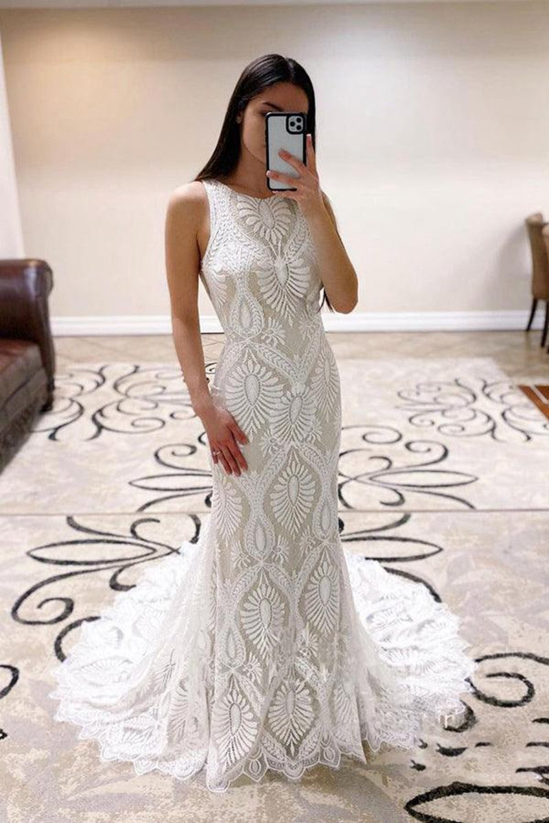 Mermaid Lace Wedding Dresses open Back Bridal Dresses with Court Train