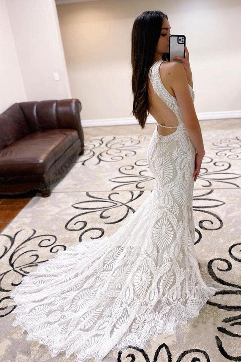 Mermaid Lace Wedding Dresses open Back Bridal Dresses with Court Train