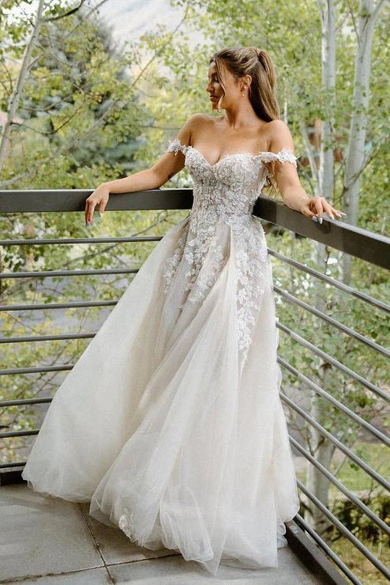 A-line Off the Shoulder Appliques Long Wedding Dresses Bridal Gown
