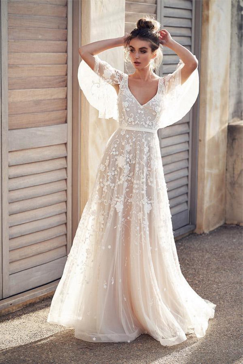 Romantic Flower Appliques Wedding Dresses Lace Long Bridal Dresses