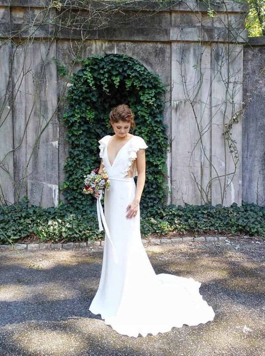 Mermaid V-Neck Cap Sleeves Backless Wedding Dresses with Ruffles