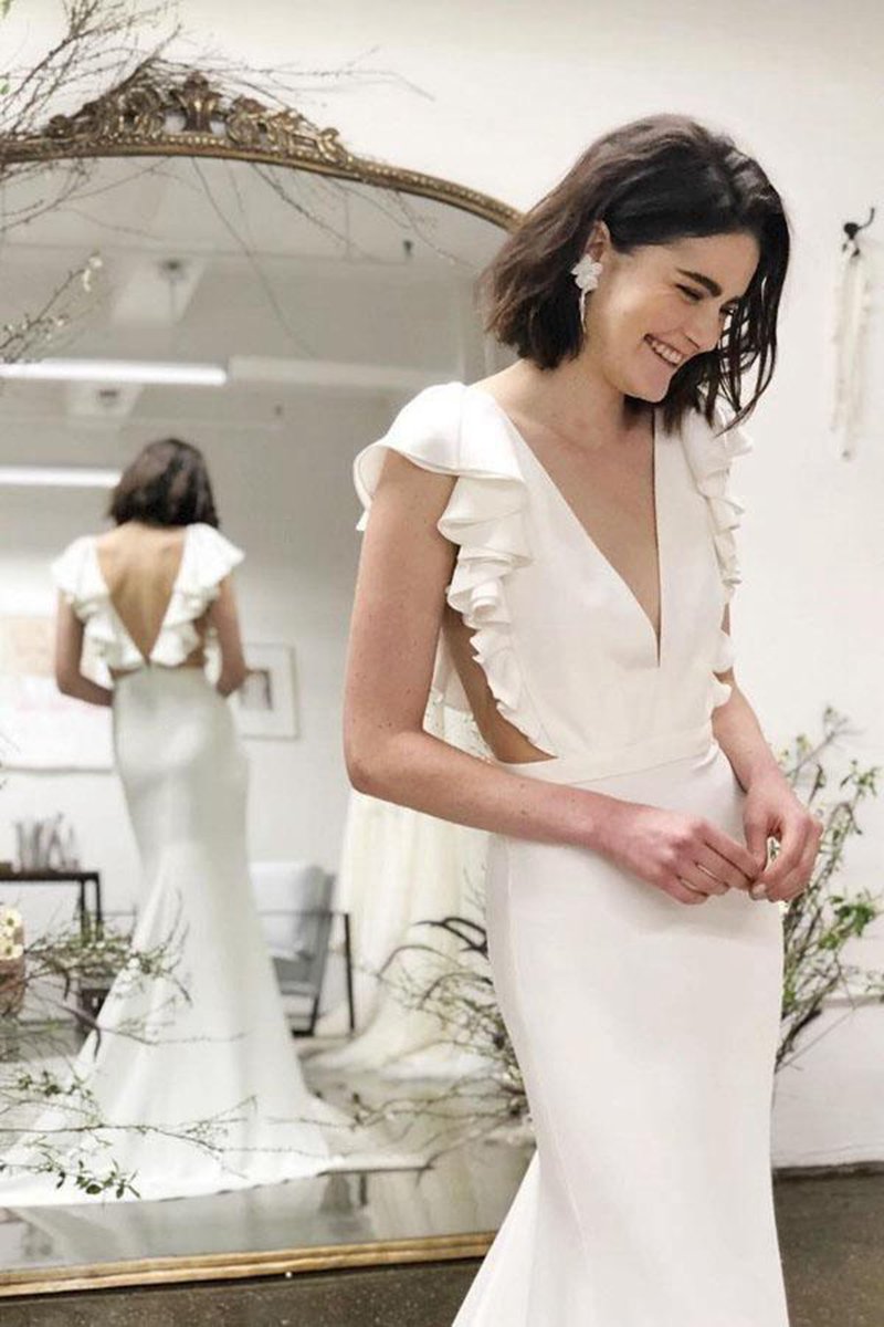Mermaid V-Neck Cap Sleeves Backless Wedding Dresses with Ruffles
