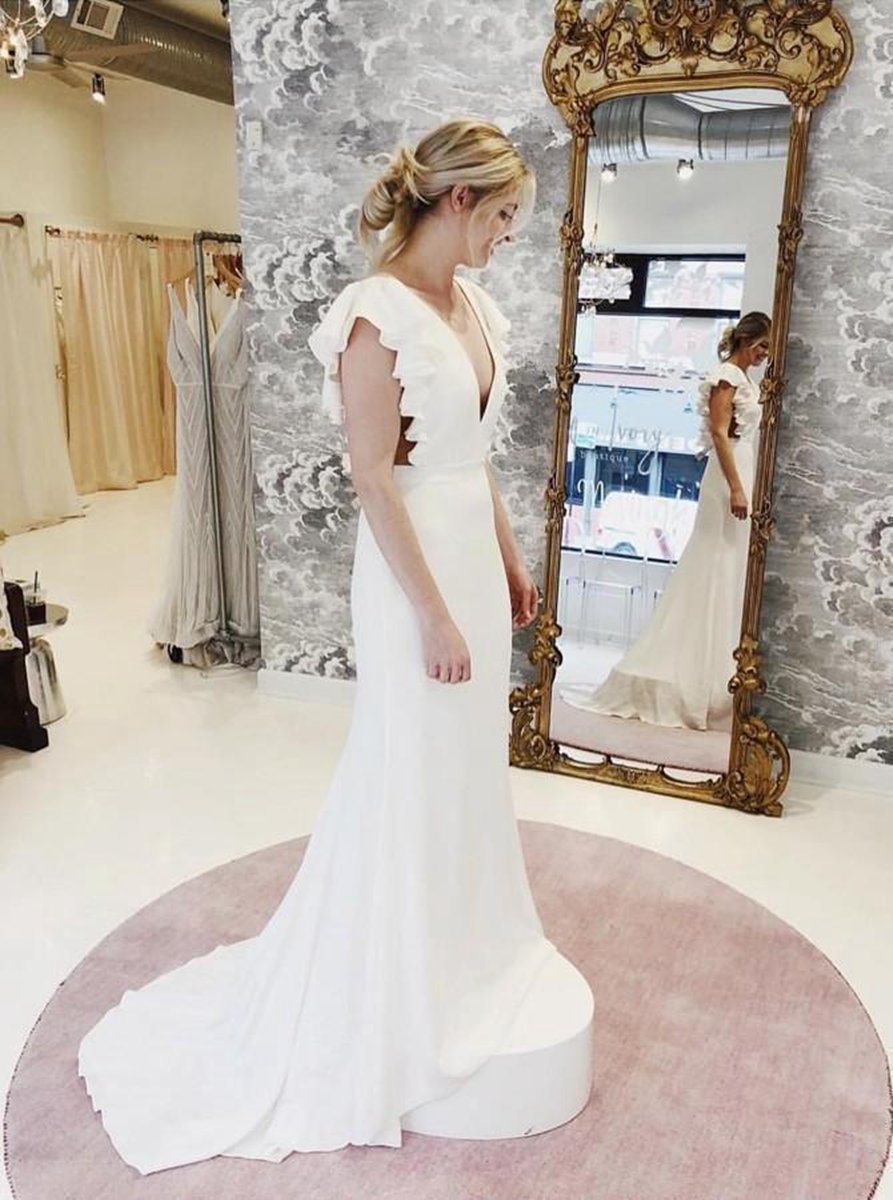 Mermaid V-Neck Cap Sleeves Backless Wedding Dresses with Ruffles