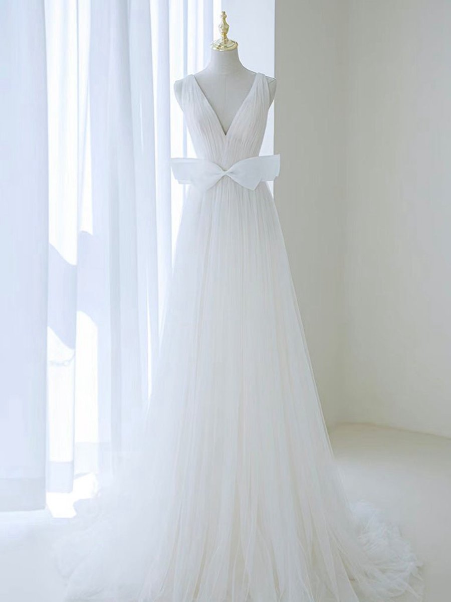 A-line V Neck Tulle Long Wedding Dresses with Bow