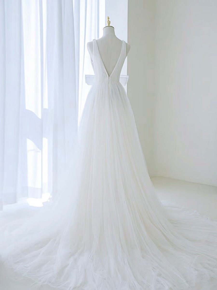 A-line V Neck Tulle Long Wedding Dresses with Bow