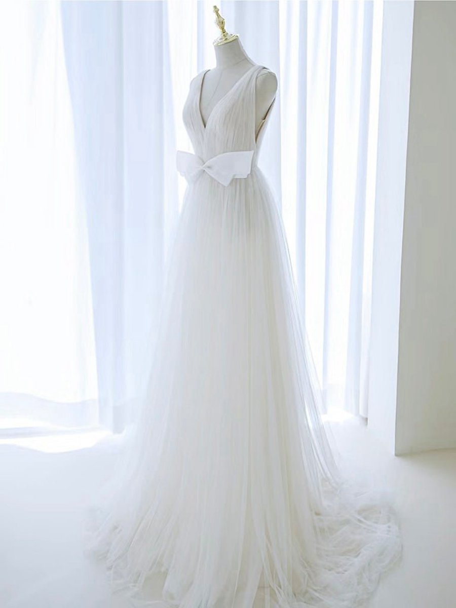 A-line V Neck Tulle Long Wedding Dresses with Bow