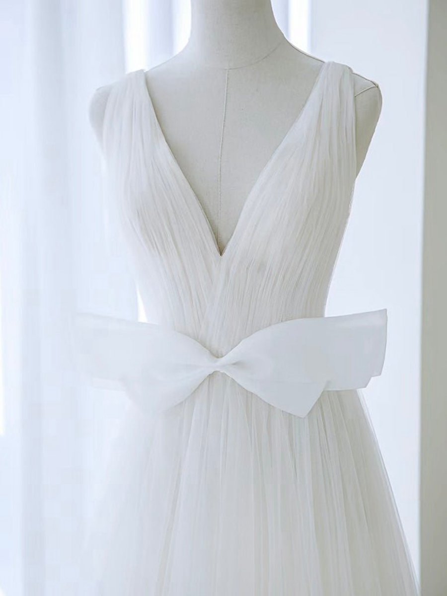 A-line V Neck Tulle Long Wedding Dresses with Bow