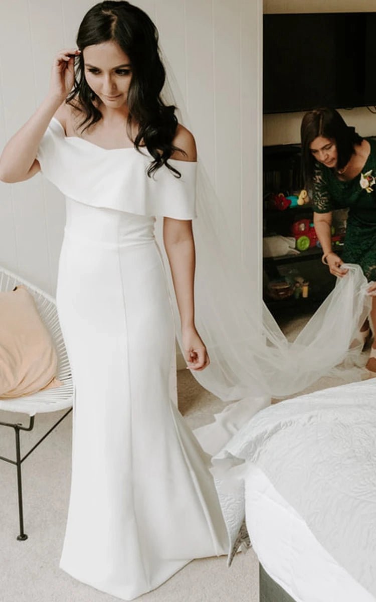 Modern Mermaid Floor-length Short Off-the-shoulder Sleeve Satin Wedding Dresses