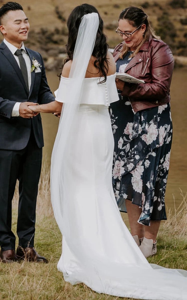 Modern Mermaid Floor-length Short Off-the-shoulder Sleeve Satin Wedding Dresses