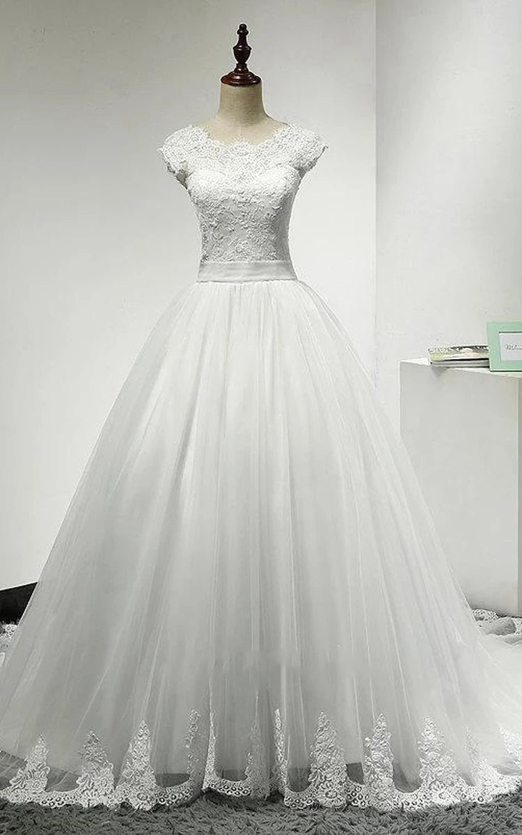 Jewel Neck Cap Sleeve Tulle Ball Gown with Scalloped Hem