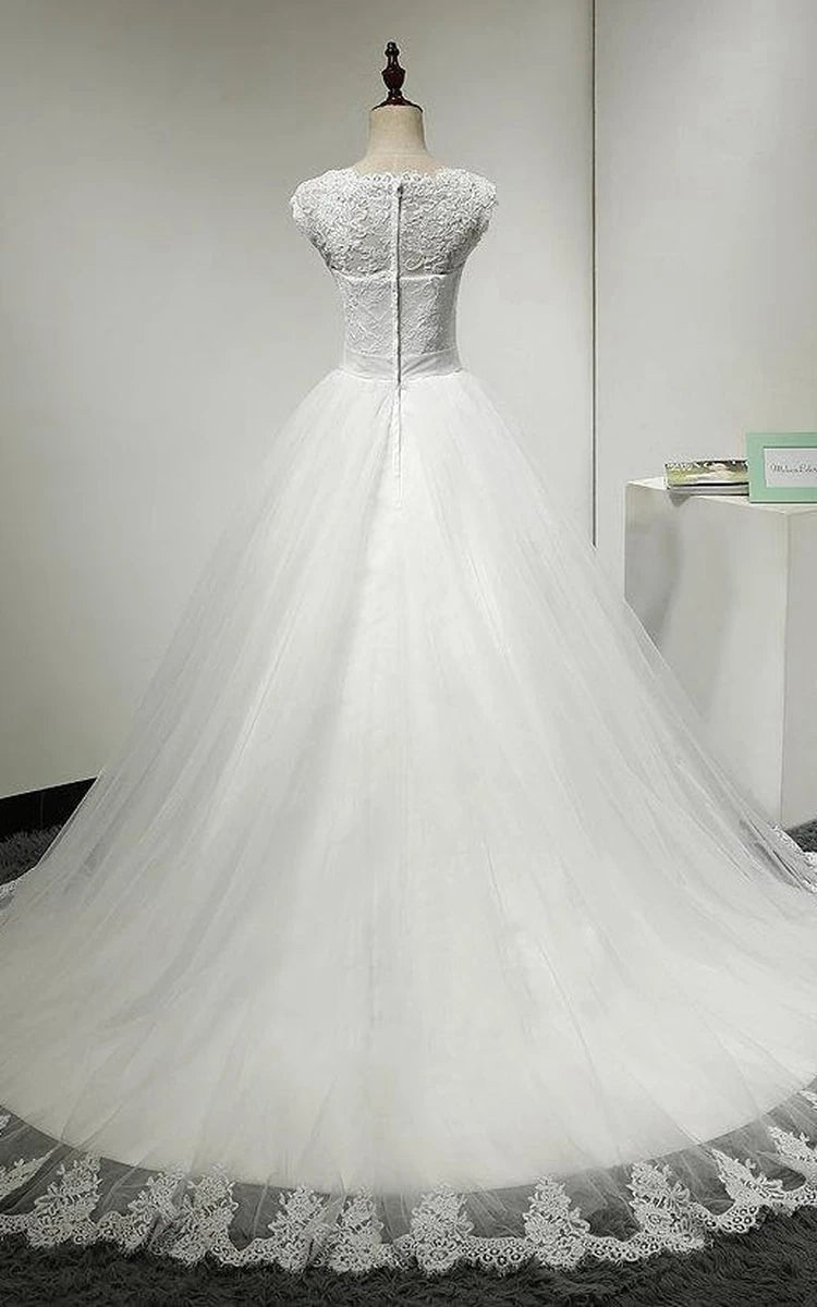 Jewel Neck Cap Sleeve Tulle Ball Gown with Scalloped Hem